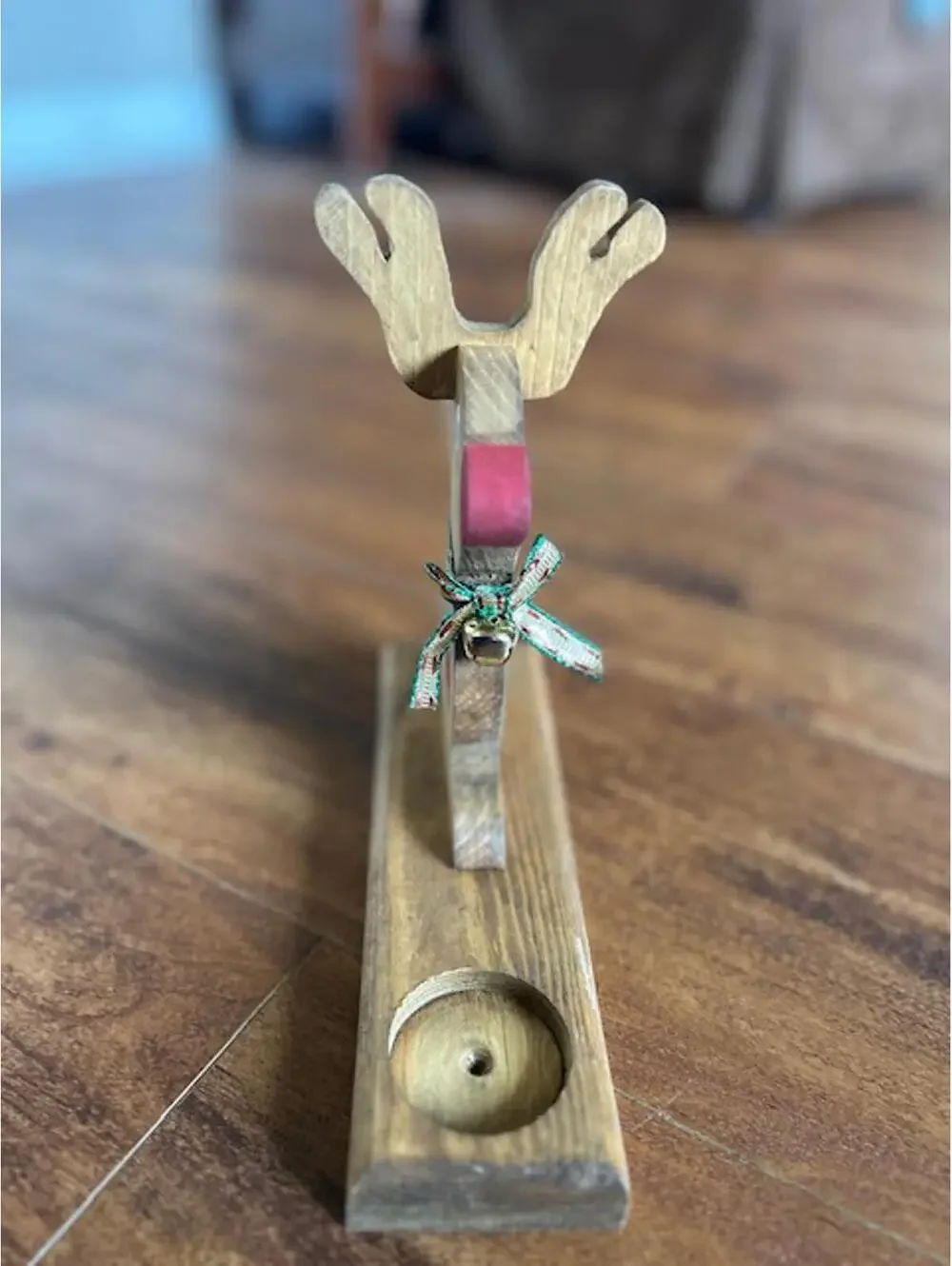 Handcrafted Wooden Reindeer Candle Holder with Festive Bow and Bell